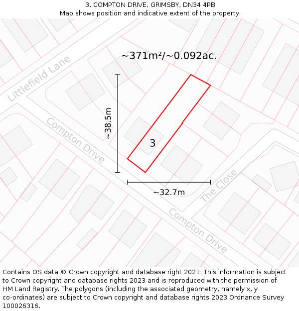 3, COMPTON DRIVE, GRIMSBY, DN34 4PB: Plot and title map