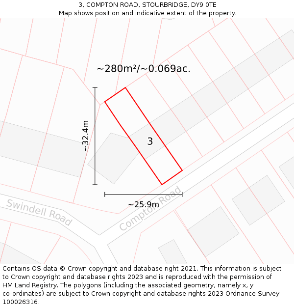 3, COMPTON ROAD, STOURBRIDGE, DY9 0TE: Plot and title map