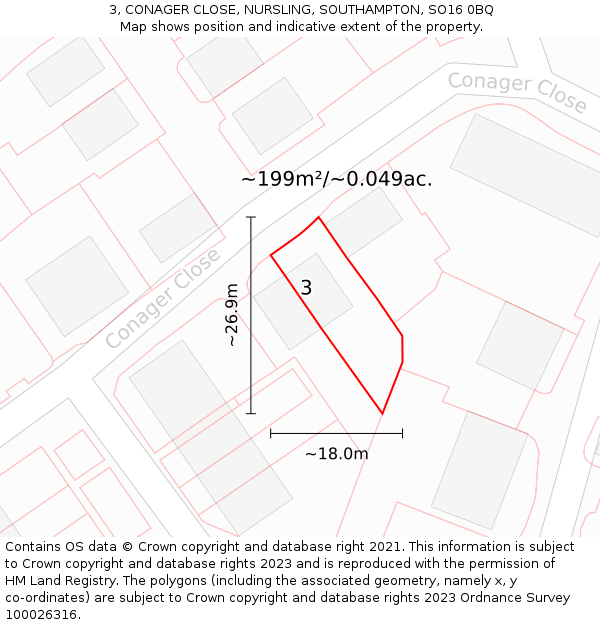 3, CONAGER CLOSE, NURSLING, SOUTHAMPTON, SO16 0BQ: Plot and title map