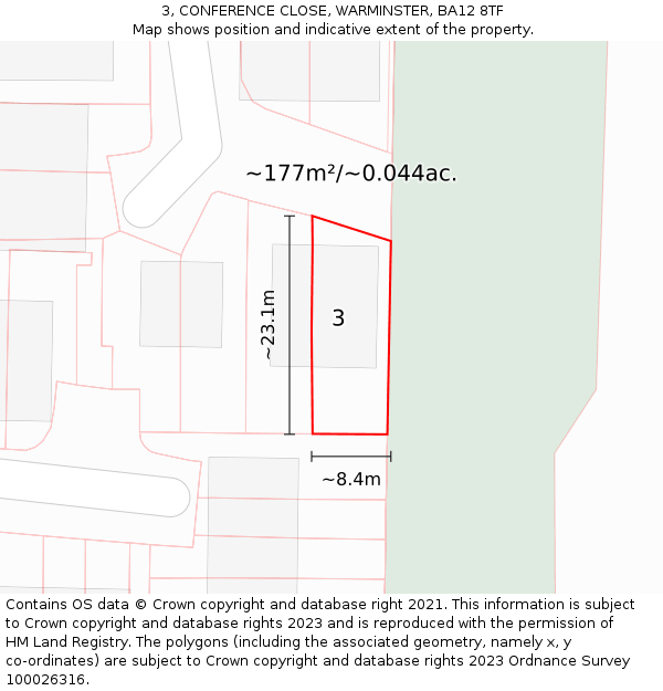 3, CONFERENCE CLOSE, WARMINSTER, BA12 8TF: Plot and title map