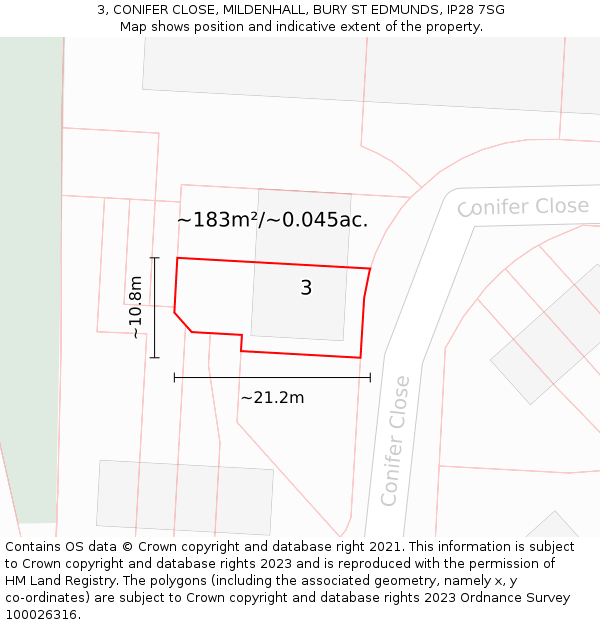3, CONIFER CLOSE, MILDENHALL, BURY ST EDMUNDS, IP28 7SG: Plot and title map