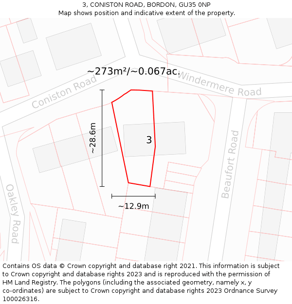 3, CONISTON ROAD, BORDON, GU35 0NP: Plot and title map