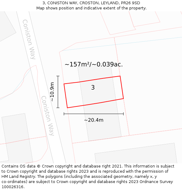 3, CONISTON WAY, CROSTON, LEYLAND, PR26 9SD: Plot and title map