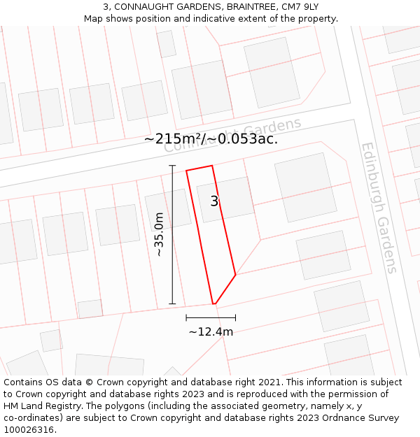 3, CONNAUGHT GARDENS, BRAINTREE, CM7 9LY: Plot and title map