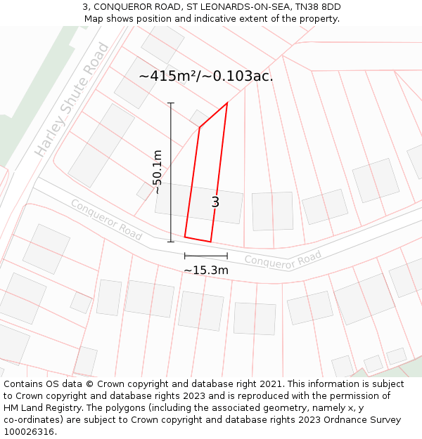 3, CONQUEROR ROAD, ST LEONARDS-ON-SEA, TN38 8DD: Plot and title map