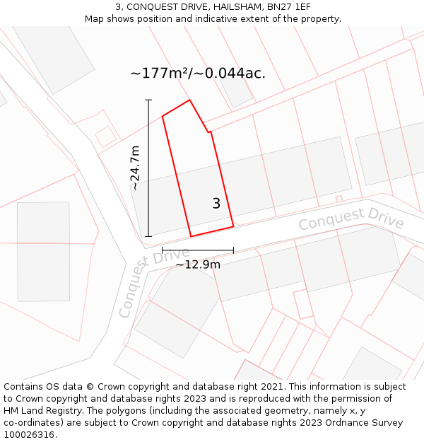 3, CONQUEST DRIVE, HAILSHAM, BN27 1EF: Plot and title map