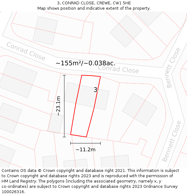 3, CONRAD CLOSE, CREWE, CW1 5HE: Plot and title map