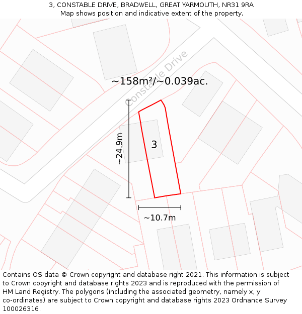 3, CONSTABLE DRIVE, BRADWELL, GREAT YARMOUTH, NR31 9RA: Plot and title map