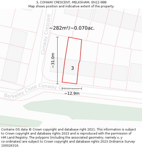 3, CONWAY CRESCENT, MELKSHAM, SN12 6BB: Plot and title map