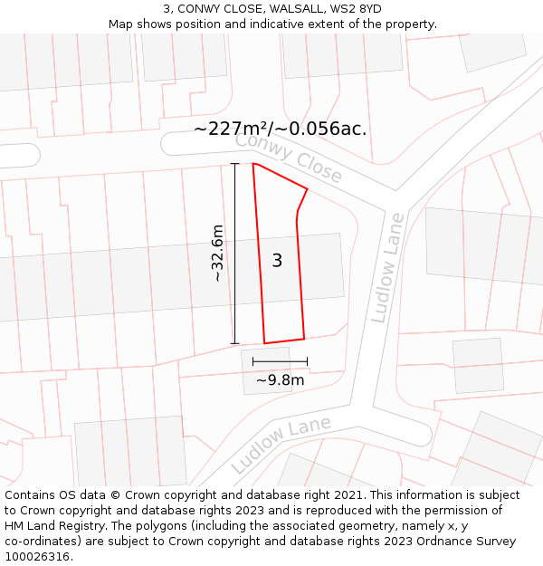 3, CONWY CLOSE, WALSALL, WS2 8YD: Plot and title map