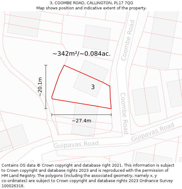 3, COOMBE ROAD, CALLINGTON, PL17 7QG: Plot and title map