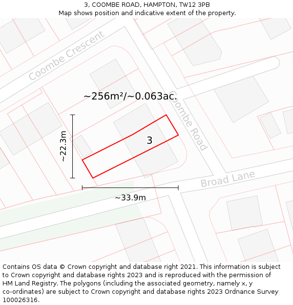 3, COOMBE ROAD, HAMPTON, TW12 3PB: Plot and title map
