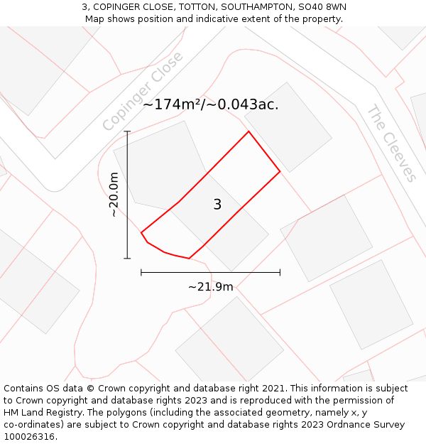 3, COPINGER CLOSE, TOTTON, SOUTHAMPTON, SO40 8WN: Plot and title map
