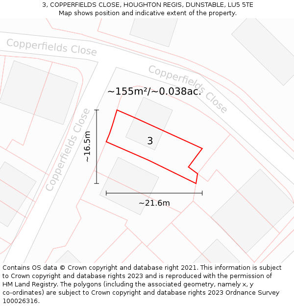3, COPPERFIELDS CLOSE, HOUGHTON REGIS, DUNSTABLE, LU5 5TE: Plot and title map