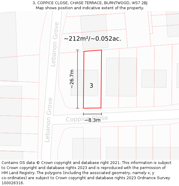 3, COPPICE CLOSE, CHASE TERRACE, BURNTWOOD, WS7 2BJ: Plot and title map
