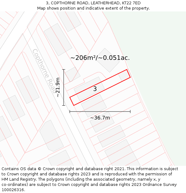 3, COPTHORNE ROAD, LEATHERHEAD, KT22 7ED: Plot and title map