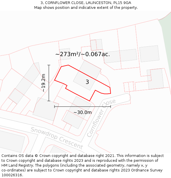 3, CORNFLOWER CLOSE, LAUNCESTON, PL15 9GA: Plot and title map
