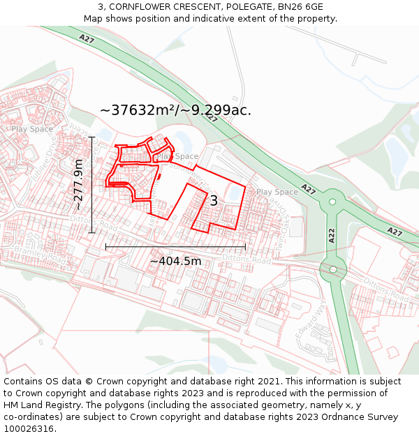 3, CORNFLOWER CRESCENT, POLEGATE, BN26 6GE: Plot and title map