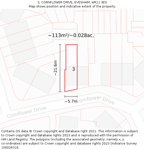 3, CORNFLOWER DRIVE, EVESHAM, WR11 3ES: Plot and title map