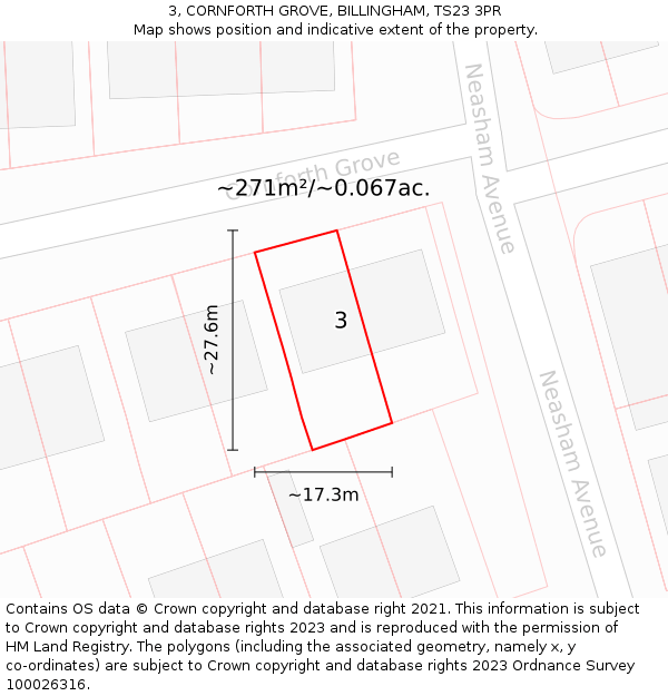 3, CORNFORTH GROVE, BILLINGHAM, TS23 3PR: Plot and title map