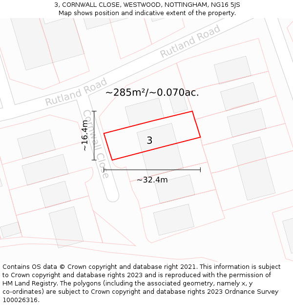 3, CORNWALL CLOSE, WESTWOOD, NOTTINGHAM, NG16 5JS: Plot and title map