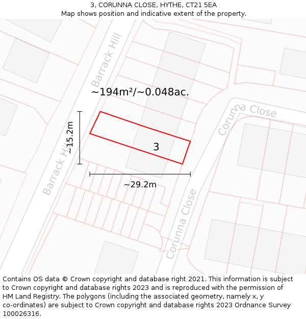 3, CORUNNA CLOSE, HYTHE, CT21 5EA: Plot and title map