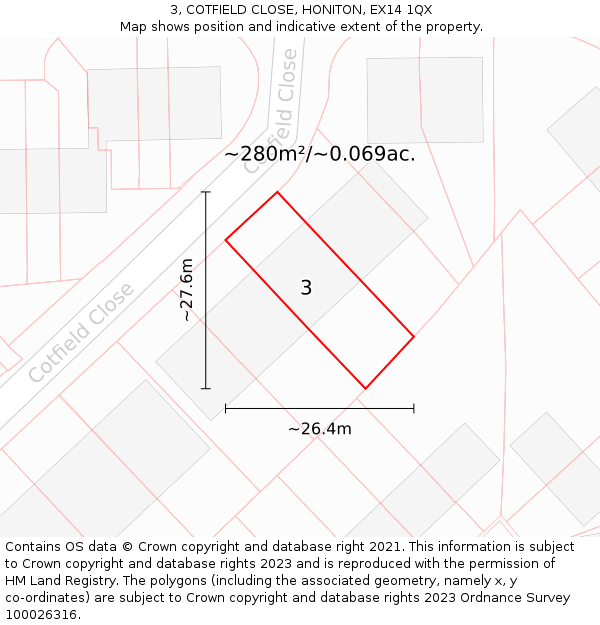 3, COTFIELD CLOSE, HONITON, EX14 1QX: Plot and title map