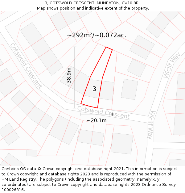 3, COTSWOLD CRESCENT, NUNEATON, CV10 8PL: Plot and title map