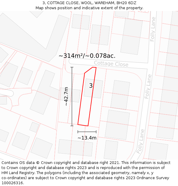 3, COTTAGE CLOSE, WOOL, WAREHAM, BH20 6DZ: Plot and title map