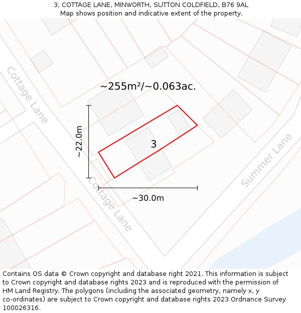 3, COTTAGE LANE, MINWORTH, SUTTON COLDFIELD, B76 9AL: Plot and title map