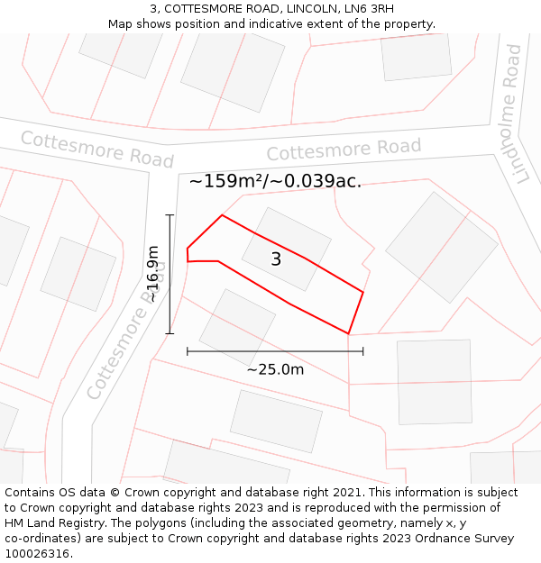 3, COTTESMORE ROAD, LINCOLN, LN6 3RH: Plot and title map