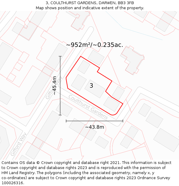 3, COULTHURST GARDENS, DARWEN, BB3 3FB: Plot and title map