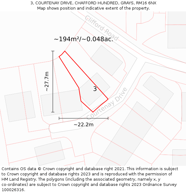 3, COURTENAY DRIVE, CHAFFORD HUNDRED, GRAYS, RM16 6NX: Plot and title map