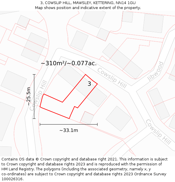 3, COWSLIP HILL, MAWSLEY, KETTERING, NN14 1GU: Plot and title map