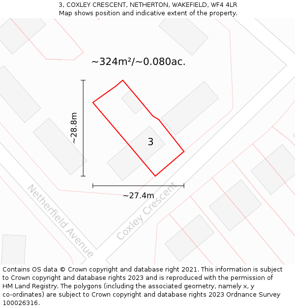 3, COXLEY CRESCENT, NETHERTON, WAKEFIELD, WF4 4LR: Plot and title map