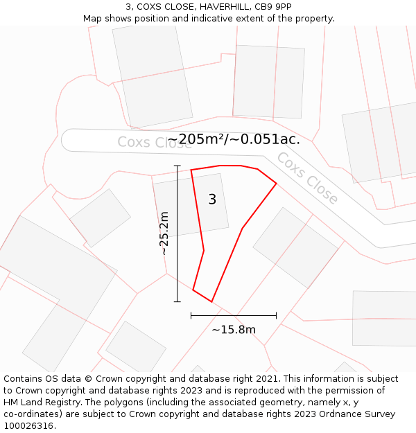 3, COXS CLOSE, HAVERHILL, CB9 9PP: Plot and title map