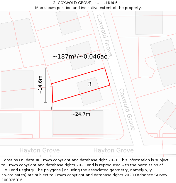 3, COXWOLD GROVE, HULL, HU4 6HH: Plot and title map