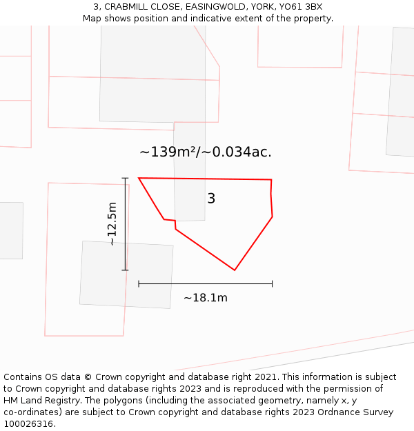 3, CRABMILL CLOSE, EASINGWOLD, YORK, YO61 3BX: Plot and title map