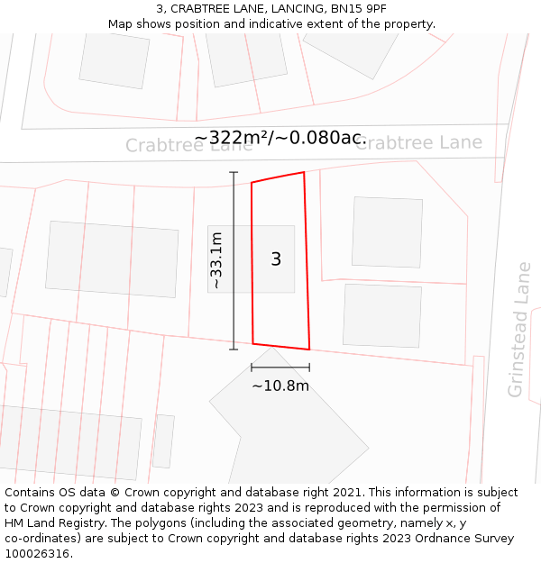 3, CRABTREE LANE, LANCING, BN15 9PF: Plot and title map