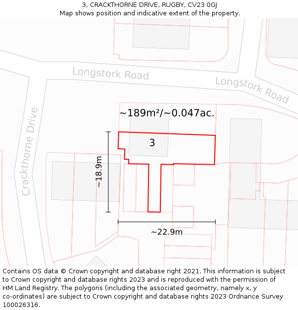 3, CRACKTHORNE DRIVE, RUGBY, CV23 0GJ: Plot and title map