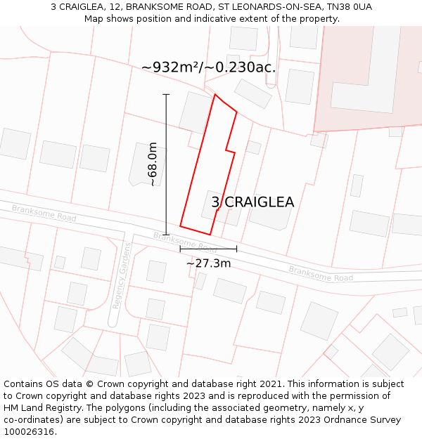 3 CRAIGLEA, 12, BRANKSOME ROAD, ST LEONARDS-ON-SEA, TN38 0UA: Plot and title map