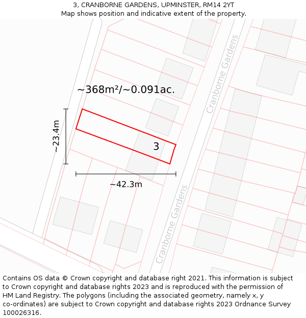3, CRANBORNE GARDENS, UPMINSTER, RM14 2YT: Plot and title map
