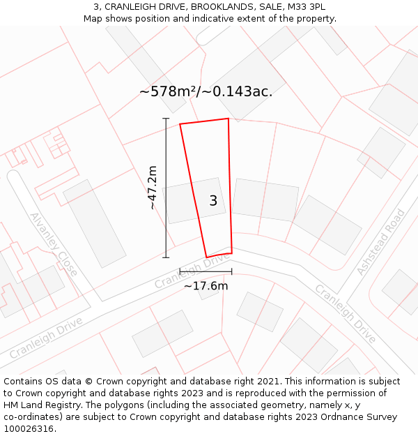 3, CRANLEIGH DRIVE, BROOKLANDS, SALE, M33 3PL: Plot and title map