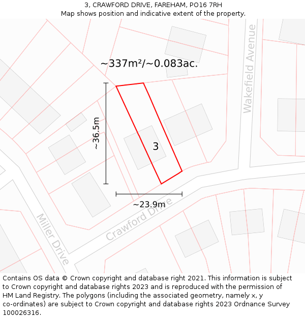 3, CRAWFORD DRIVE, FAREHAM, PO16 7RH: Plot and title map