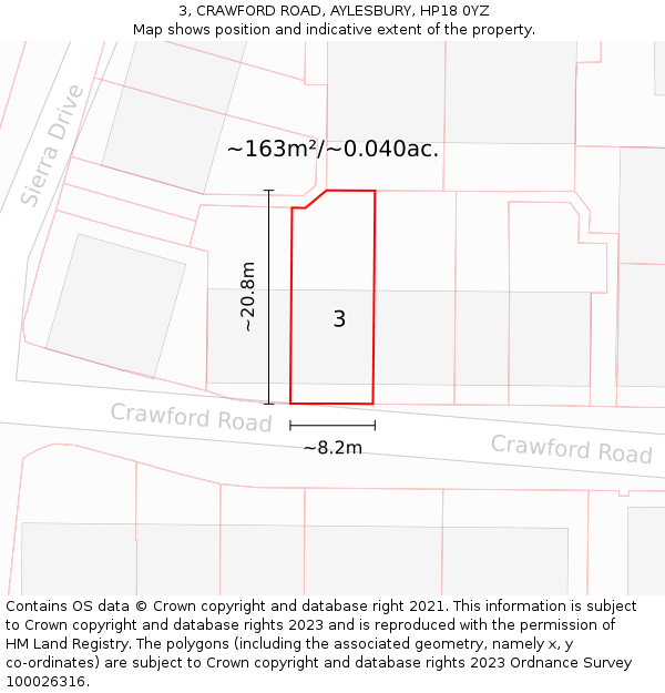 3, CRAWFORD ROAD, AYLESBURY, HP18 0YZ: Plot and title map