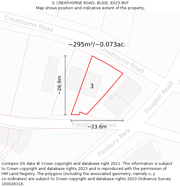 3, CREATHORNE ROAD, BUDE, EX23 8NT: Plot and title map