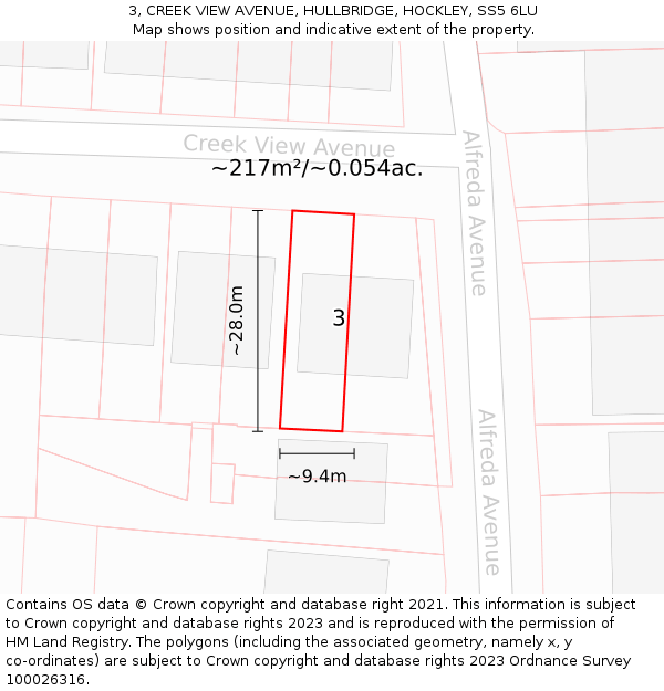 3, CREEK VIEW AVENUE, HULLBRIDGE, HOCKLEY, SS5 6LU: Plot and title map