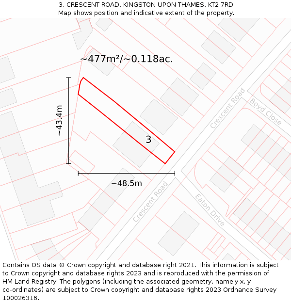 3, CRESCENT ROAD, KINGSTON UPON THAMES, KT2 7RD: Plot and title map