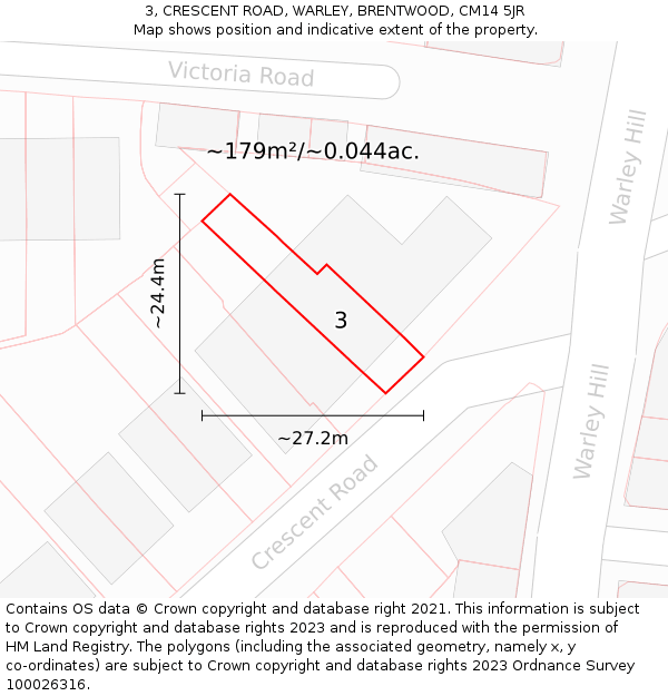 3, CRESCENT ROAD, WARLEY, BRENTWOOD, CM14 5JR: Plot and title map