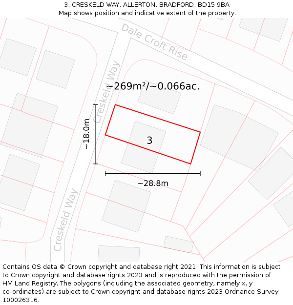 3, CRESKELD WAY, ALLERTON, BRADFORD, BD15 9BA: Plot and title map